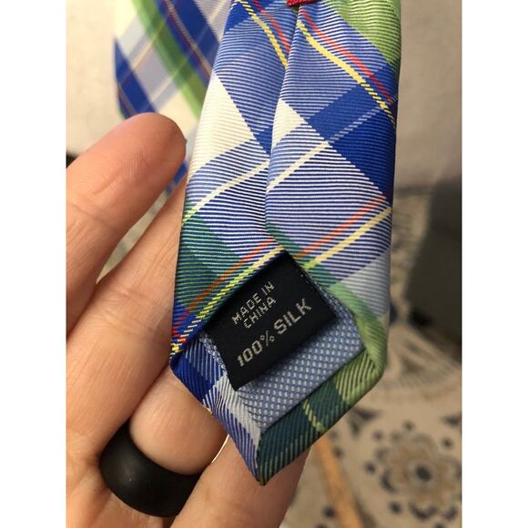 Tommy Hilfiger Blue, Green, Yellow, White, & Red Plaid Check 100% Silk Necktie - Picture 3 of 4